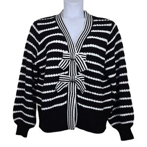 Cato Womens Black White Striped Bow Knit Cardigan Sweater Size 14 NWOT